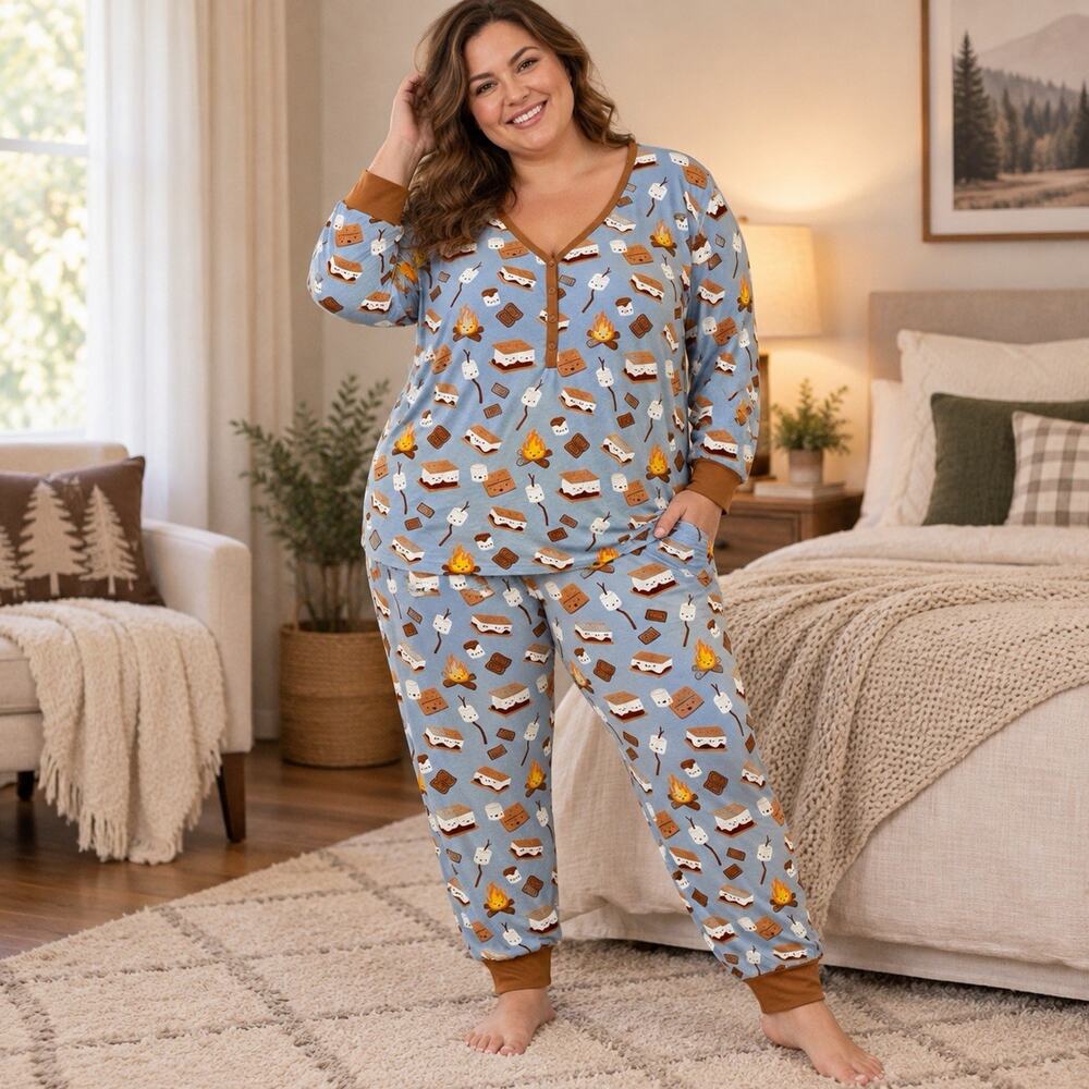 Little Sleepies Women 3XL Smores Bamboo Pajama Set Blue Long Sleeve Joggers